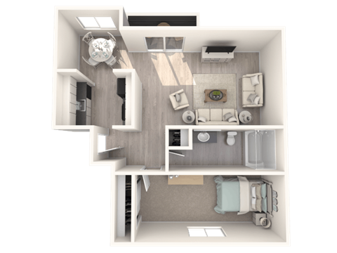 Floor plan for 1 bed, 1 bath, 614 sqft